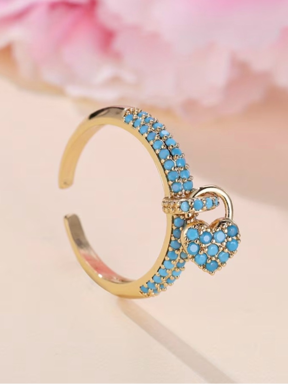 Gold-Tone Turquoise Heart Charm Open Ring - Picture 2 of 5